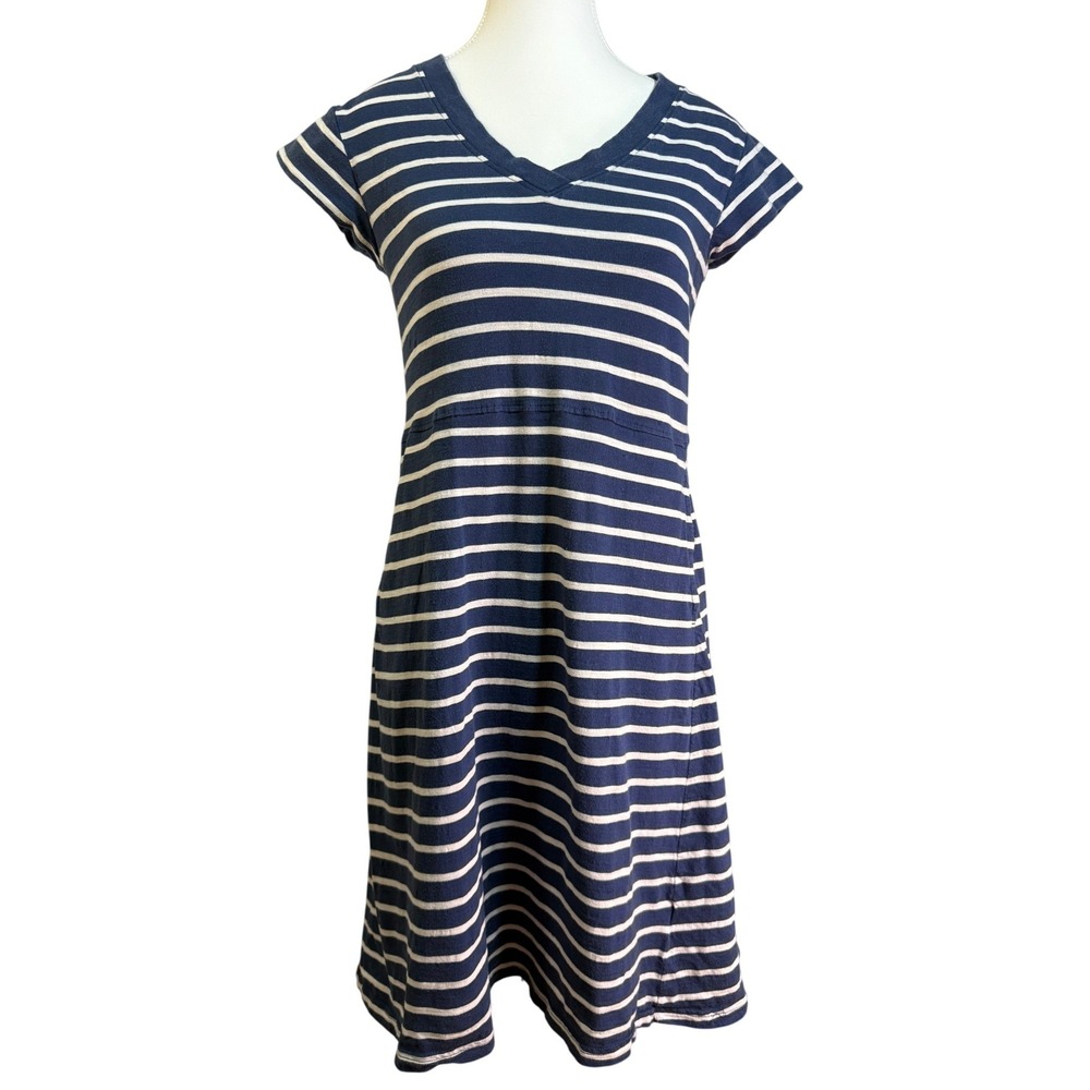 Pact T-Shirt Dress Womens Small Navy Blue White Striped Organic Cotton V-Neck